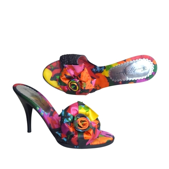 Vintage Beverly Feldman “Enrich Me” Black Linen Peony Sandals with Heels Size 7 - Picture 2 of 11